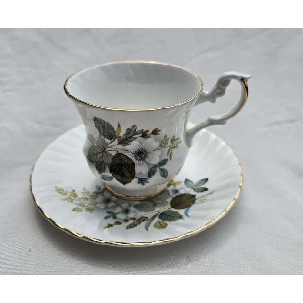 Royal Dover Bone China Floral Leaves Wheat Gold Trim Teacup Saucer Set
